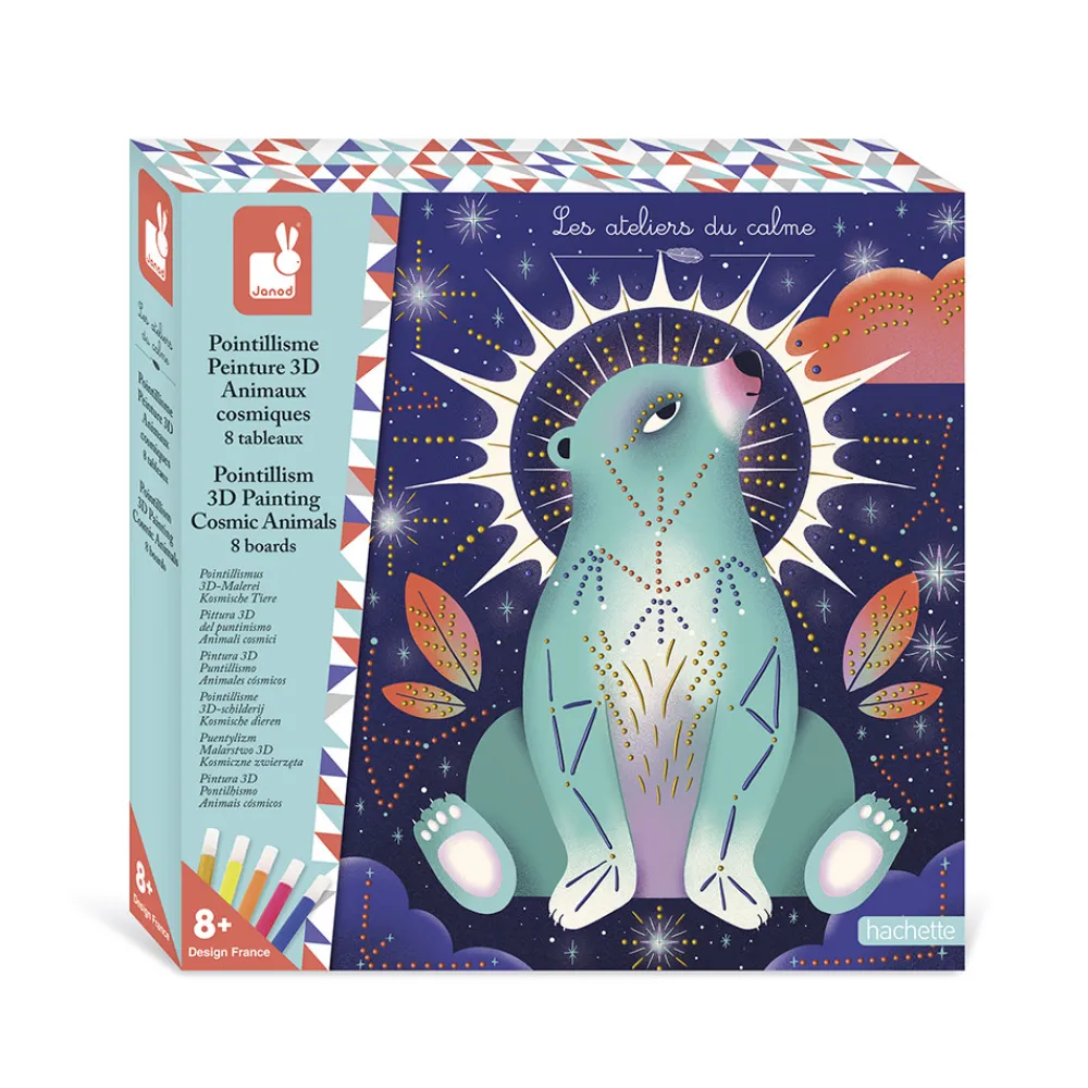 Janod Peinture Par Numéro & Coloriage|Collection "Les Ateliers Du Calme"*Kit Créatif - Pointillisme Peinture 3D Animaux Cosmiques
