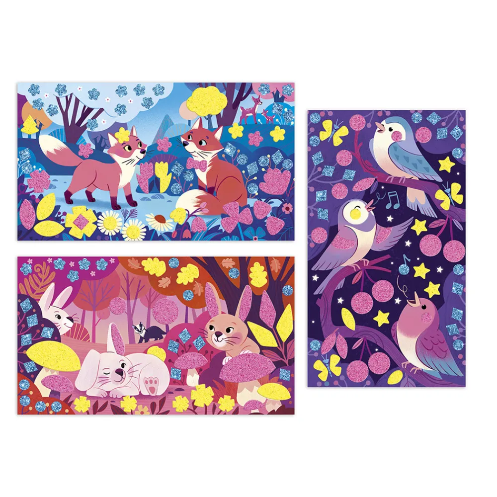 Janod Sable, Paillettes, Dorure & Strass|Collection "Les Ateliers Du Calme"*Kit Créatif - Stickers Mousse Sables Fluo Amis de la Forêt