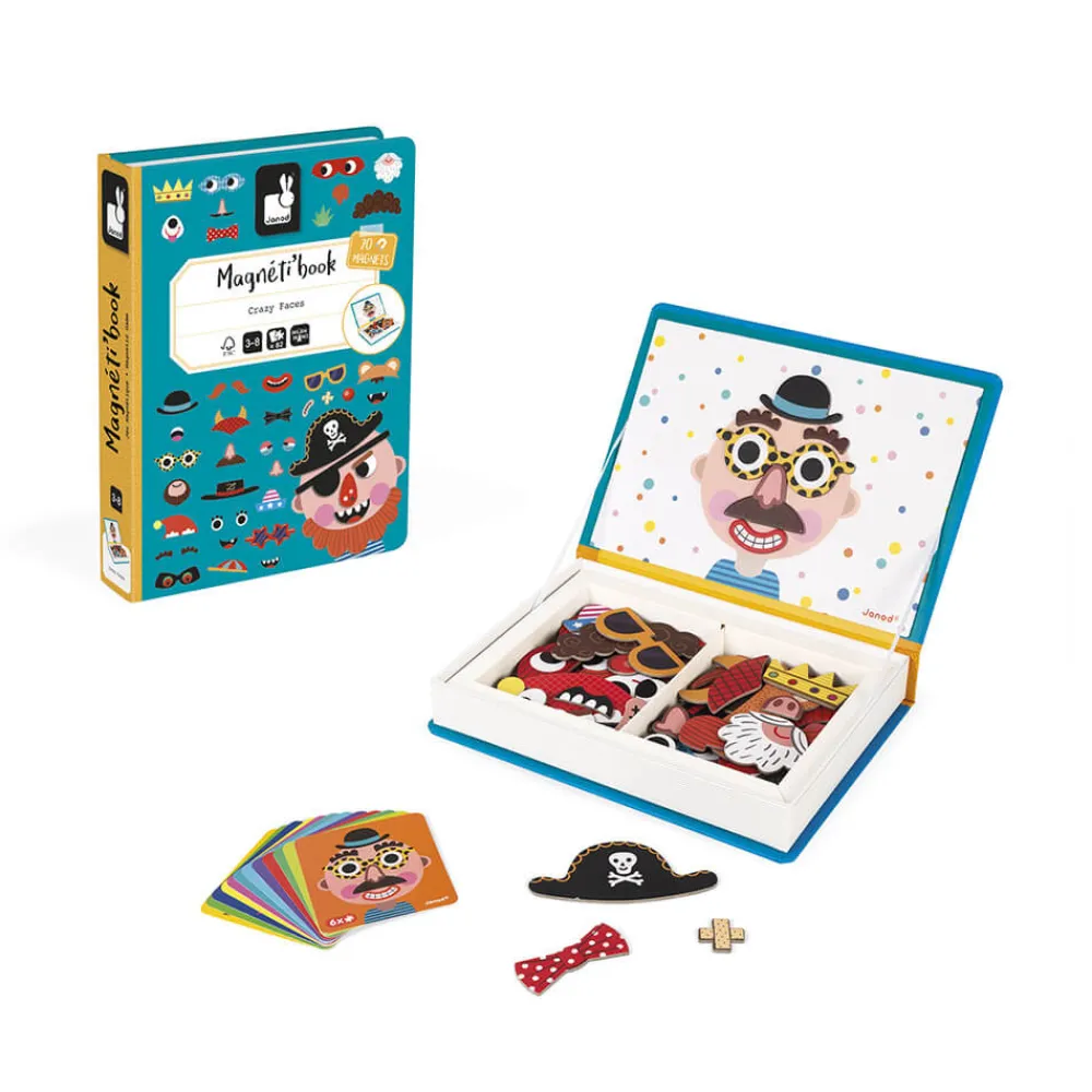 Janod Jeux Éducatifs Magnétiques*Magnéti'book Crazy Faces garçon, 70 magnets