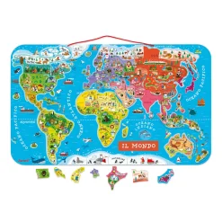 Janod Jeux Éducatifs Primaire|Jeux Éducatifs Science & Géographie*Puzzle Carte Monde Magnétique 92 pièces Italien