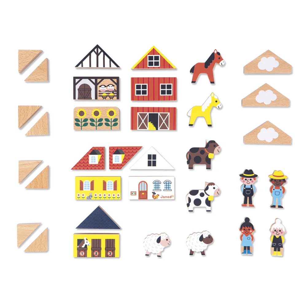 Janod Jeux De Construction|Tracteurs & Animaux De La Ferme*Set de 34 cubes en bois Campagne - Cross Roads