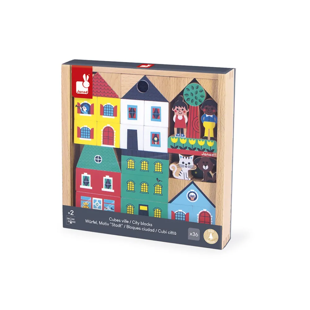 Janod Jeux De Construction|Cubes & Pyramides*Set de 36 cubes en bois Ville - Cross Roads